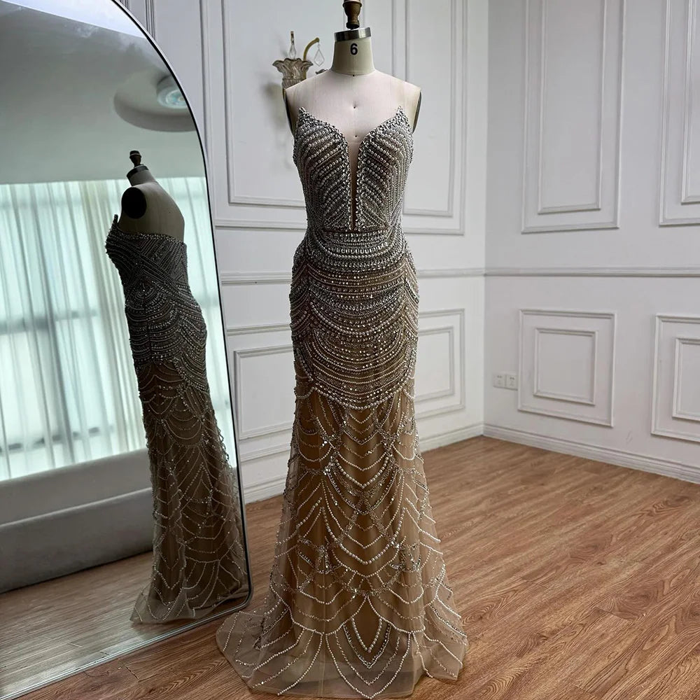 Luxury Nude Silver Beaded Evening Gown with Crystals LA72900