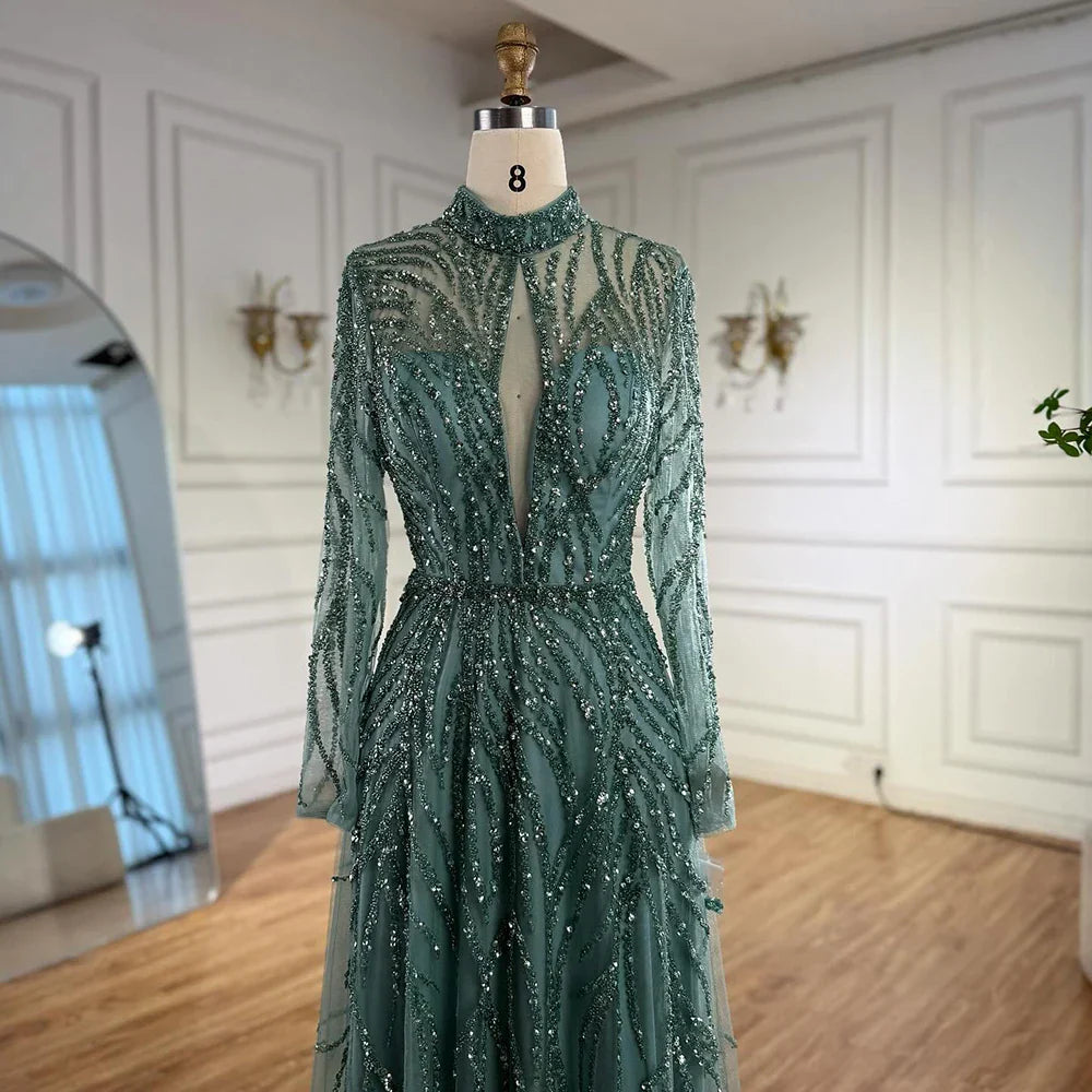 Elegant High Neck A-Line Beaded Evening Dress LA71682A
