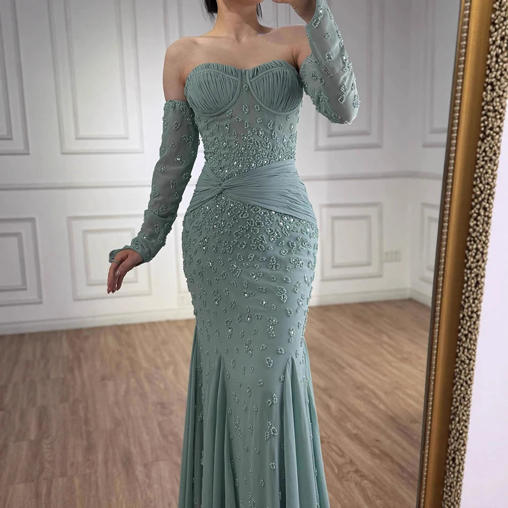 Luxury Turquoise Strapless Beaded Evening Dress with Gloves LA72933