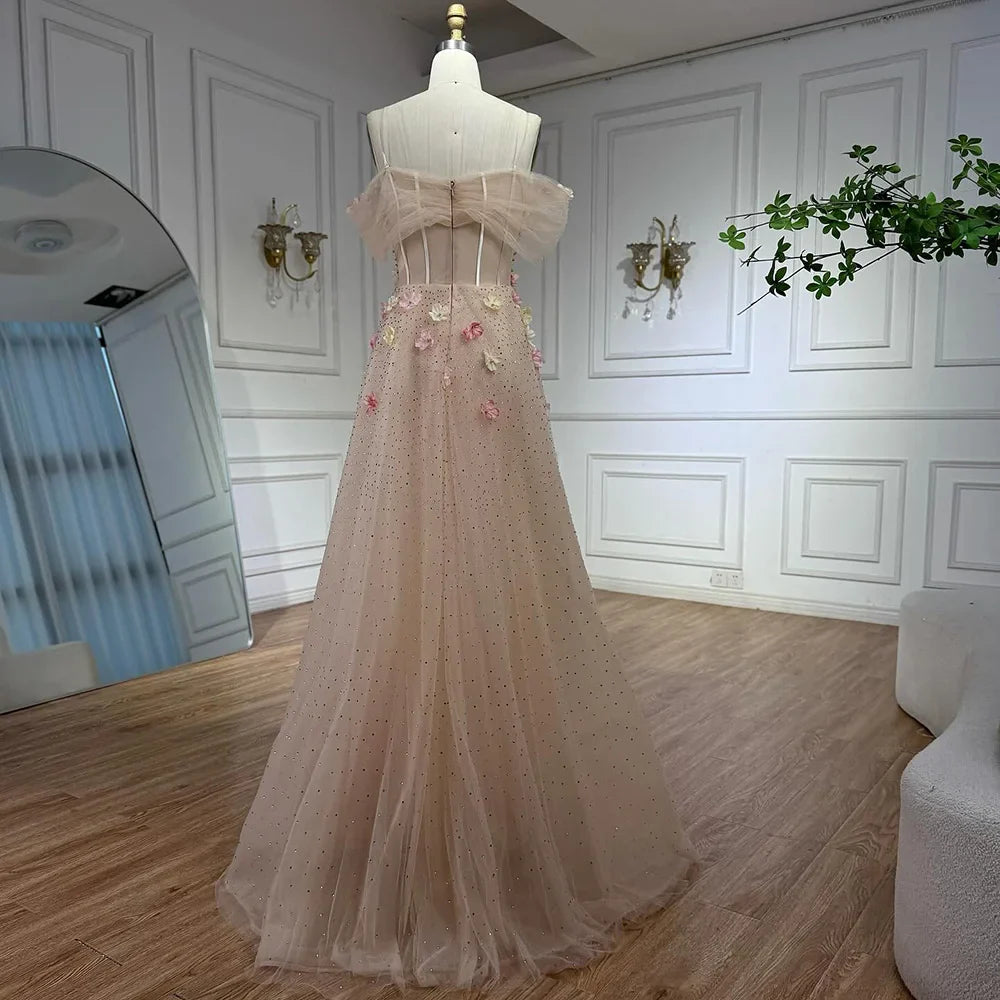 Luxury Dubai Nude Floral Beaded Off Shoulder Corset Evening Gown With Overskirt for Formal Occasion LA72861