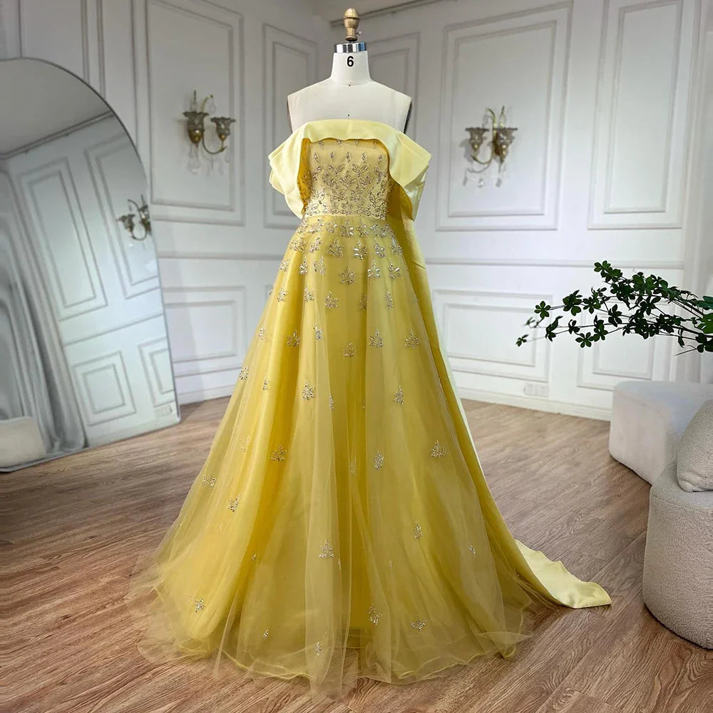 Serene Hill Luxury Dubai Arabic Yellow Elegant Boat Neck Long Evening Dress Beaded Party Gown for Women's Wedding LA72531
