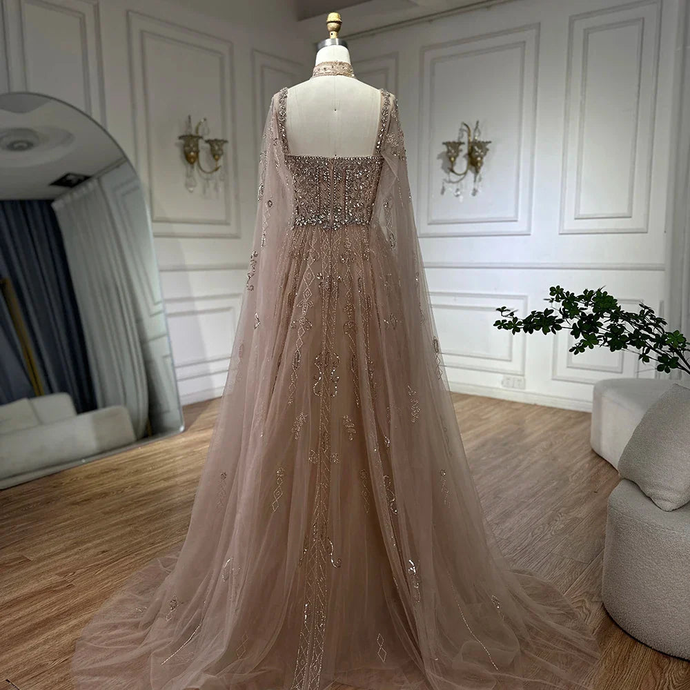 Luxury Designer Nude A-Line Crystal Beaded Arabic Evening Dress LA72764