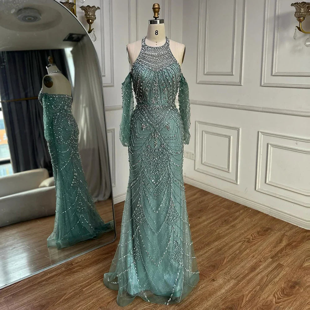 Luxury Turquoise Mermaid Evening Dress Detachable Sleeves LA72925