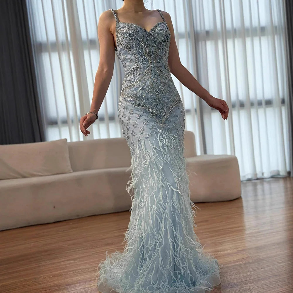 Luxury Blue Spaghetti Strap Feather Beaded Evening Dress LA72527