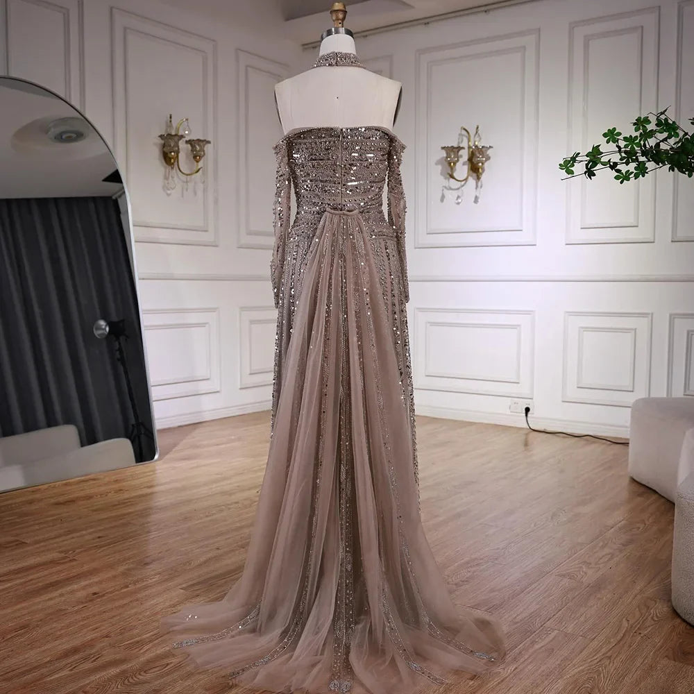 Luxury Caramel Off Shoulder Beaded Mermaid Evening Dress Long Sleeves LA73053