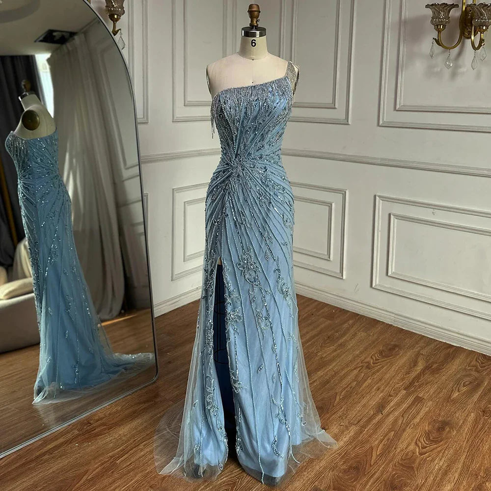 Luxury Caramel One Shoulder Beaded Slit Evening Gown with Tassel Detail LA72926
