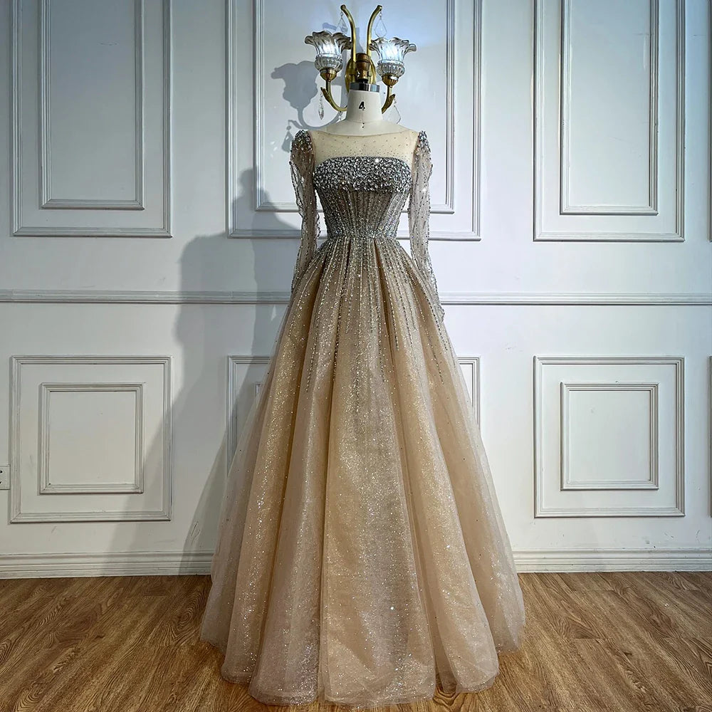 Luxury Caramel Sparkly A-Line Evening Dress with Long Sleeves LA72991