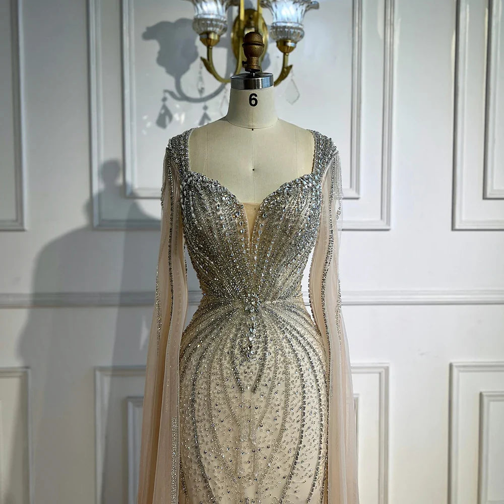 Luxury Designer Beige Beaded Evening Dress with Cape Sleeves LA72992