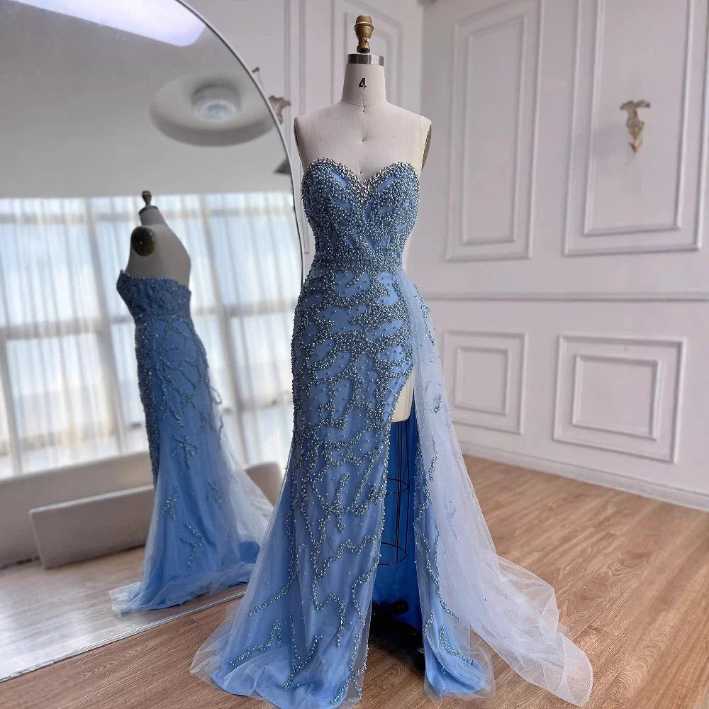 Luxury Dubai Saudi Arabic Blue Beaded Evening Gown Formal Slit LA72877