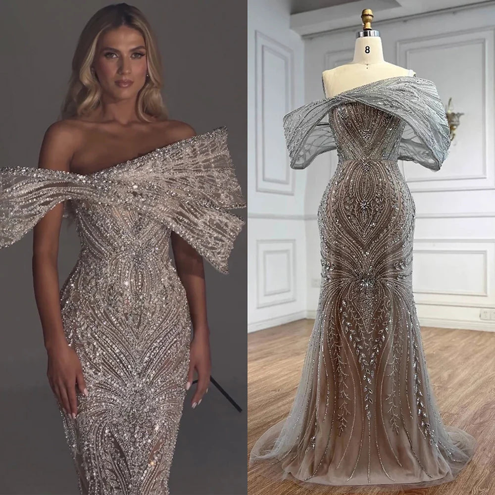Luxury Silver Nude Off Shoulder Mermaid Evening Dress LA72878