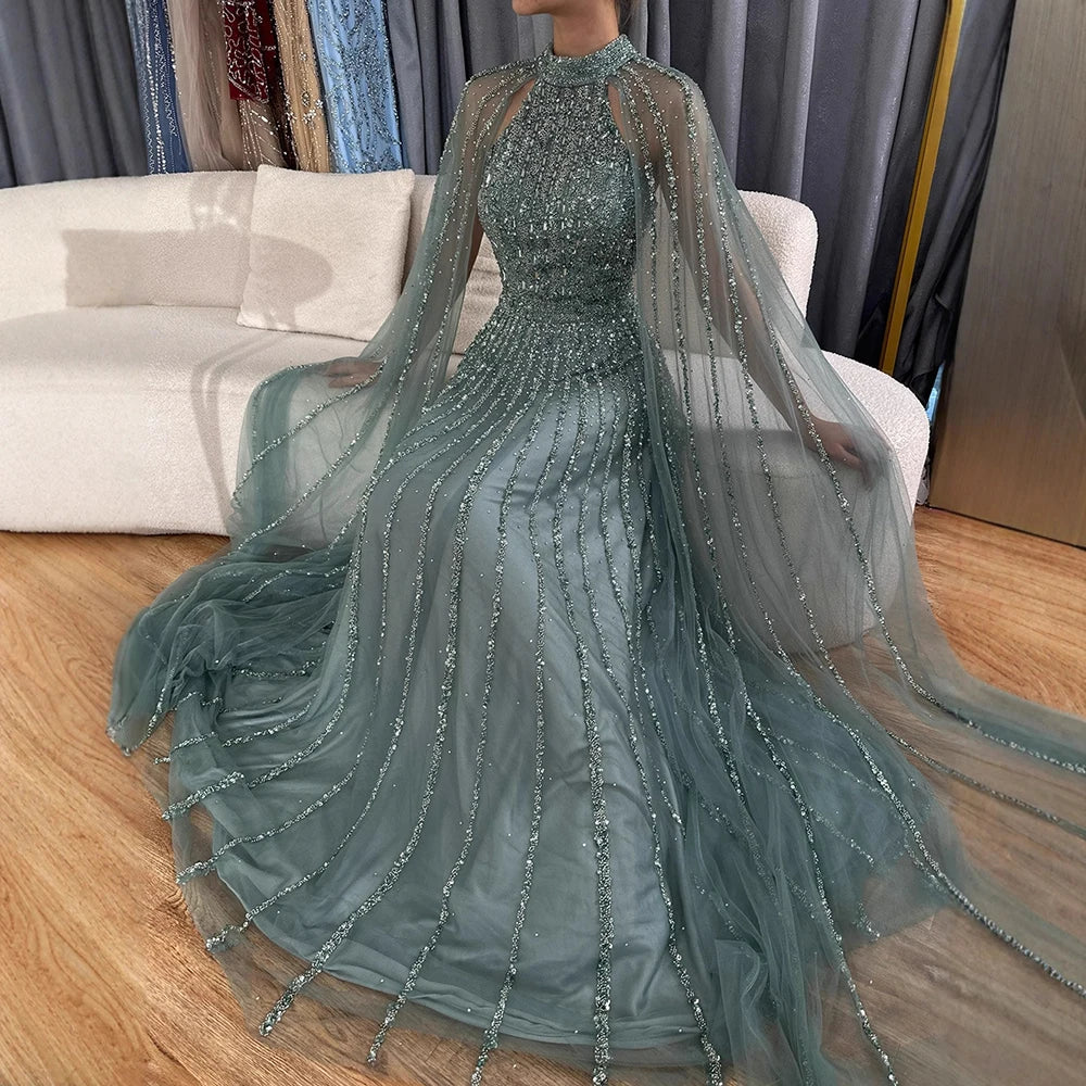 Luxury Caramel A-Line Cape Sleeve Beaded Evening Dress LA72306B