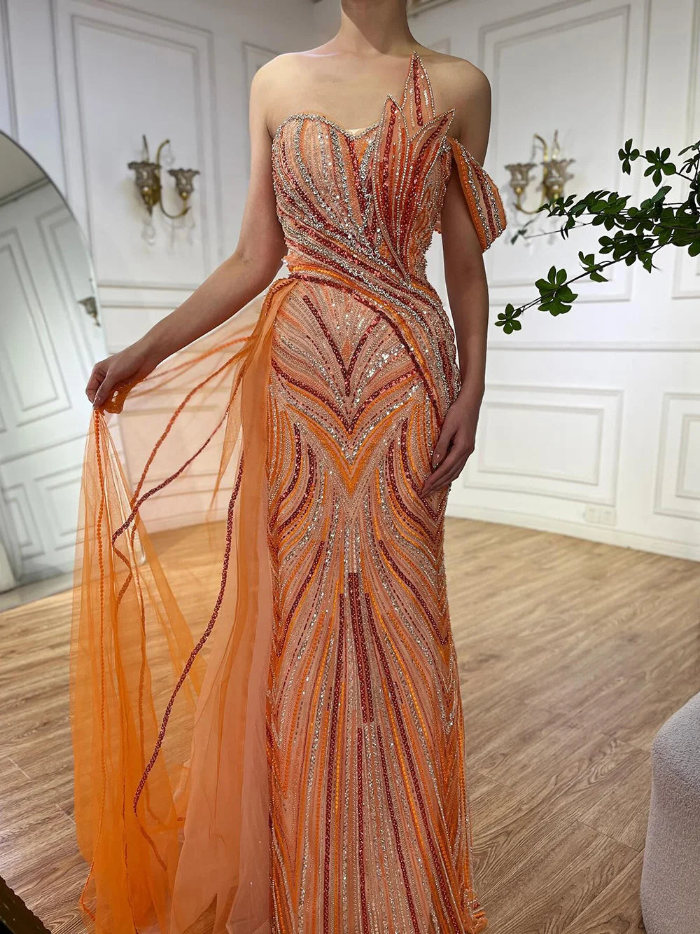 Luxury Dubai Arabic Blue One Shoulder Luxury Dubai Evening Gown with Side Overskirt Beaded Dress for Women's Party LA72662