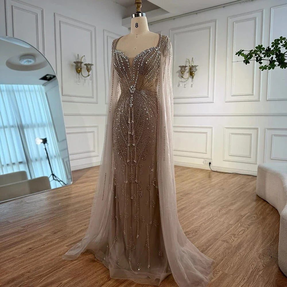 Luxury Designer Beige Beaded Evening Dress with Cape Sleeves LA72992