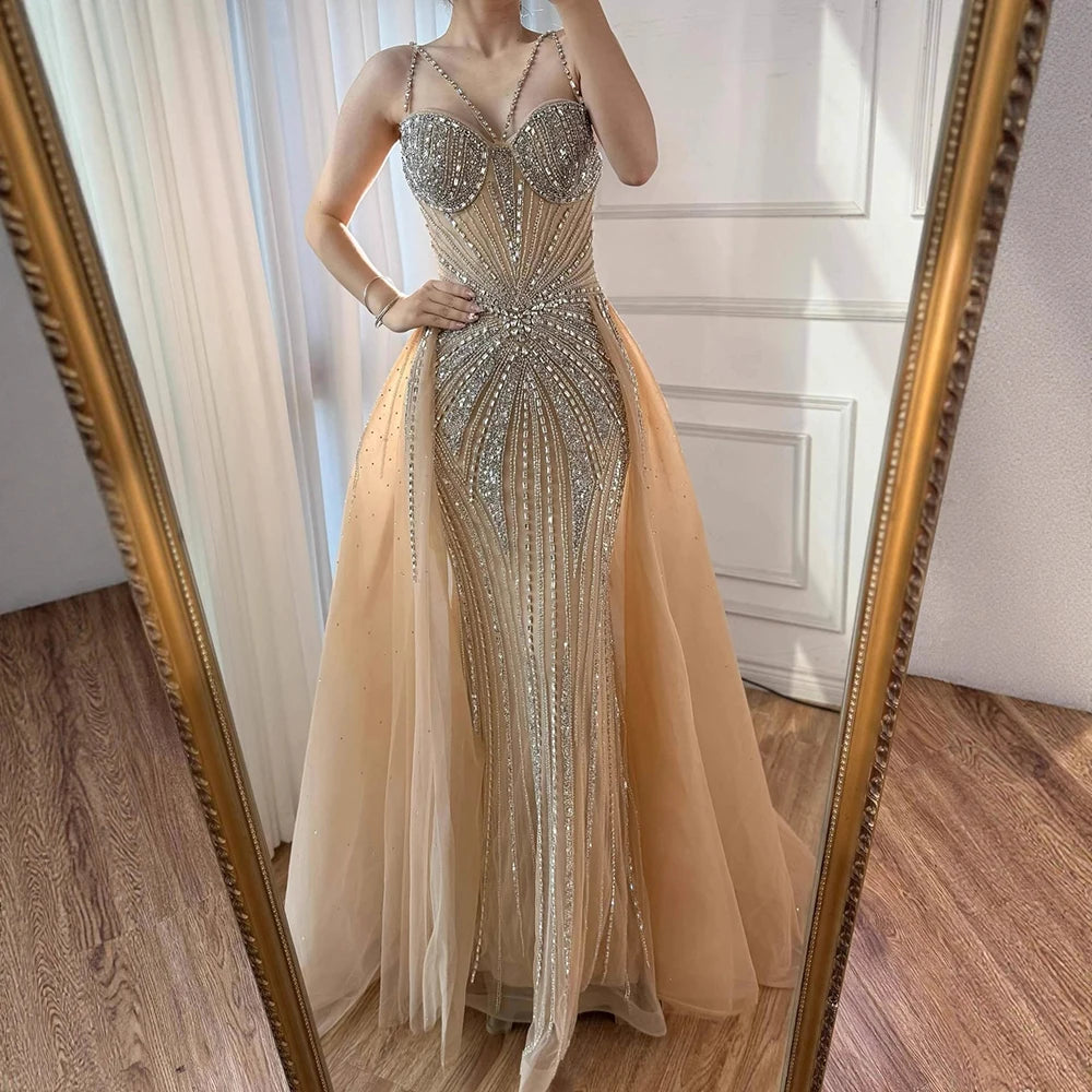 Luxury Nude Spaghetti Strap Mermaid Evening Dress with Overskirt Beaded LA73090