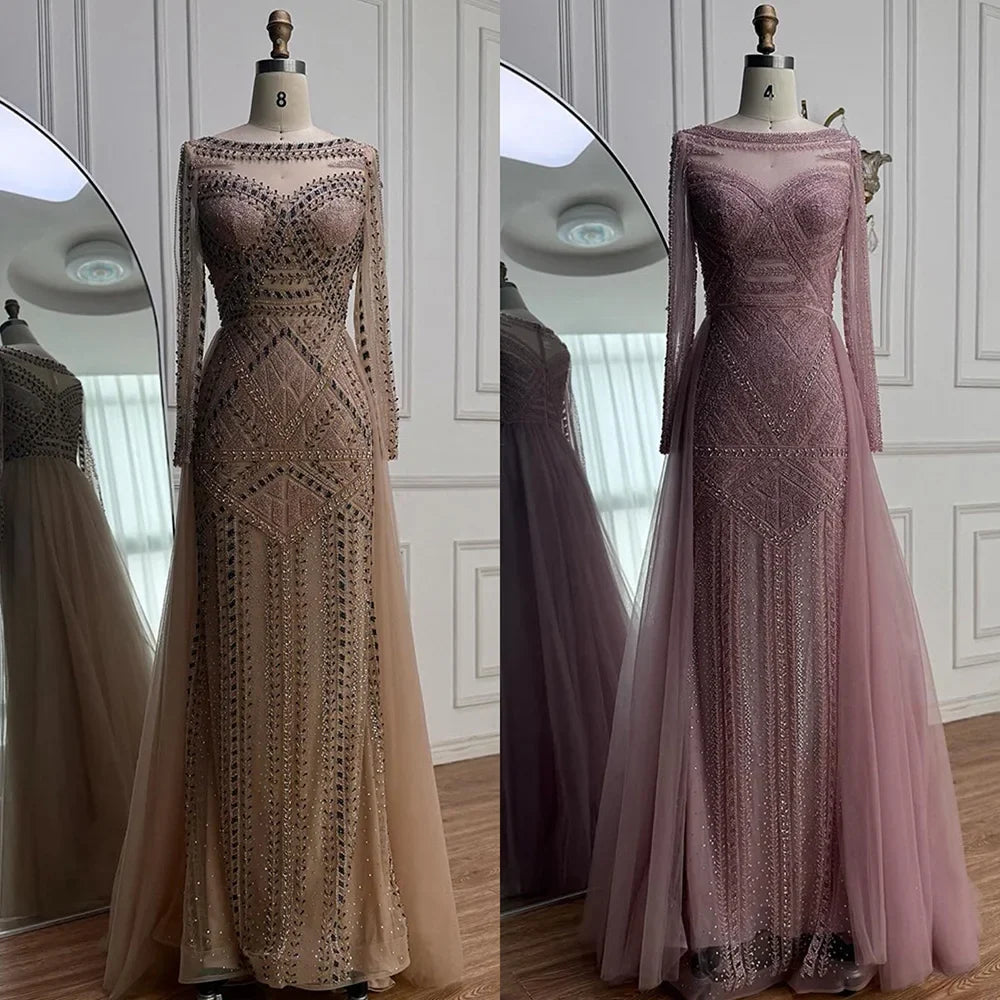 Luxury Dubai Nude Evening Dress With Long Sleeves LA72967