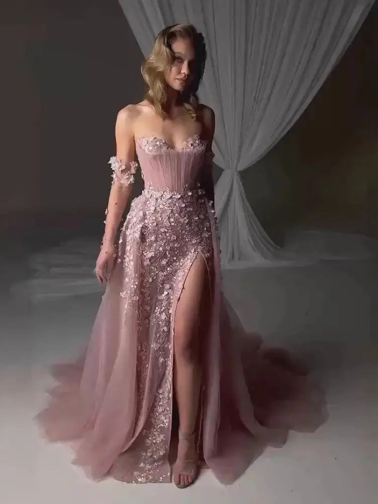 Elegant Pink 3D Floral High Slit Evening Gown with Gloves Overskirt LA72937