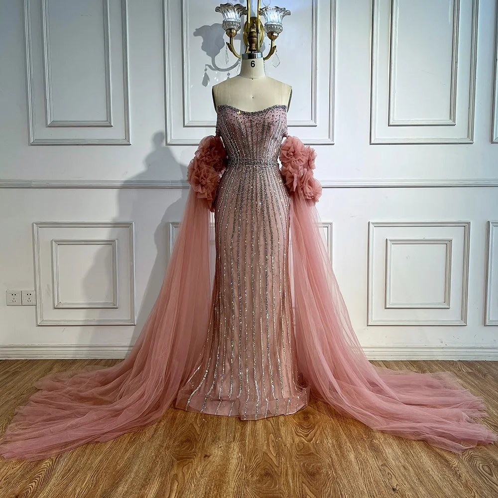 Luxury Pink Beaded Mermaid Arabic Evening Dress with Cape LA73019