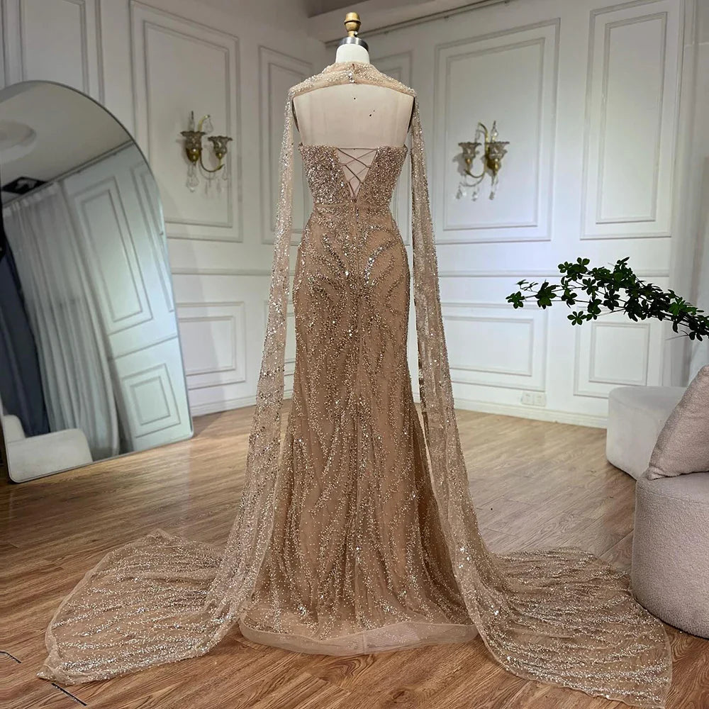 Luxury Nude Beaded Evening Dress with Cape Sleeves LA72824