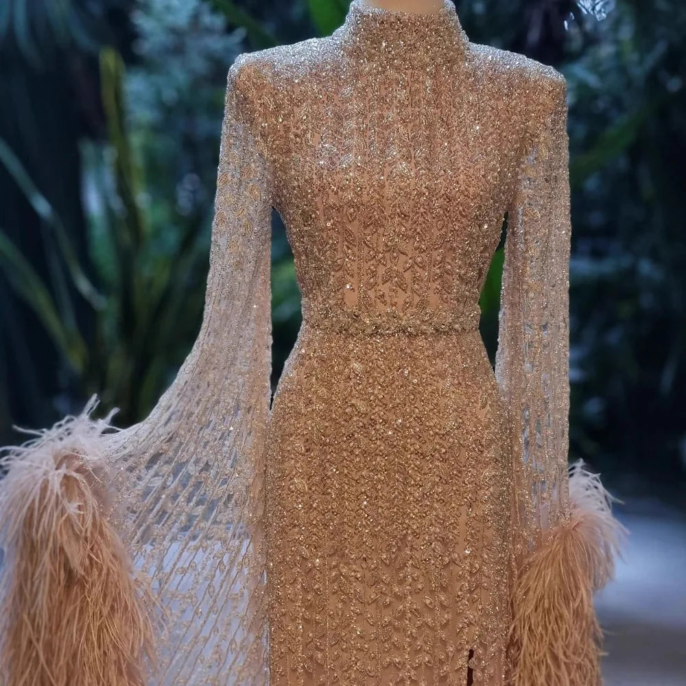 Elegant Rose Gold Evening Dress Featuring Feathered Cape Sleeves LA72947