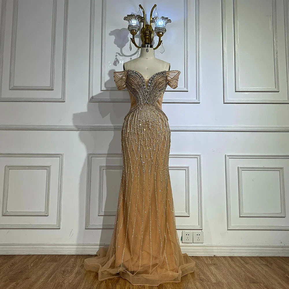 Saudi Arabic Off Shoulder Nude Beaded Tulle Mermaid Evening Gown LA72854