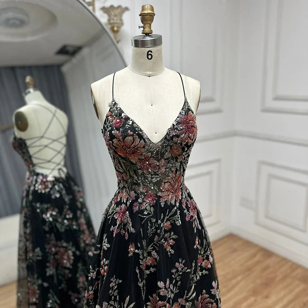 Luxury Dubai Spaghetti Strap A-Line Black Beaded Luxury Prom Dress for Formal Occasion Saudi Arabic LA72773