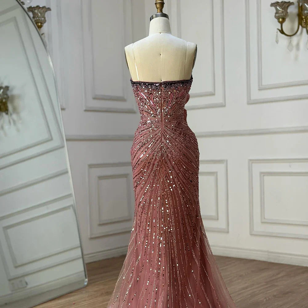 Luxury Dubai Saudi Arabic Pink Mermaid Evening Dress with High Split for Formal Occasion LA72480