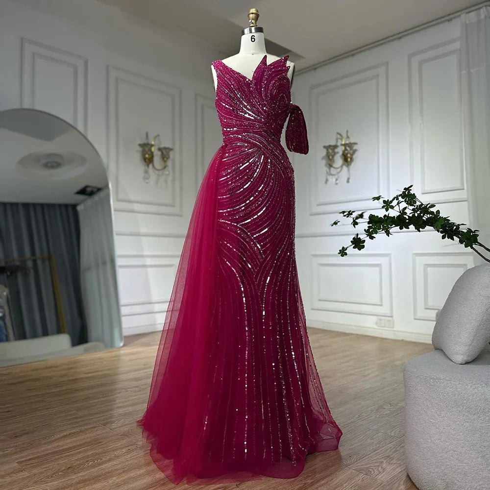 Luxury Dubai Arabic Pink Mermaid Elegant One Shoulder Beaded Long Evening Dresses Gowns for Formal Occasion LA72662A
