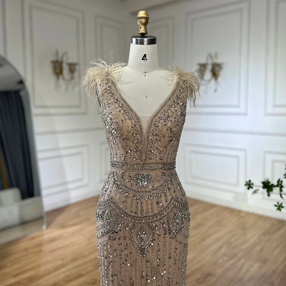 Luxury Dubai Arabic Blue Elegant Split Mermaid Beaded Feathers Long Evening Dresses Gowns for Formal Occasion LA72742