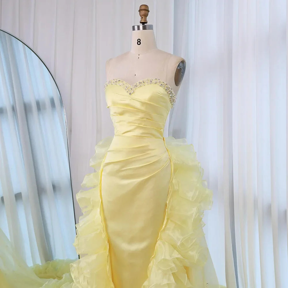 Luxury Dubai Evening Gown for Formal Occasion Elegant Yellow Dress with Ruffles and Beaded Details LA72889