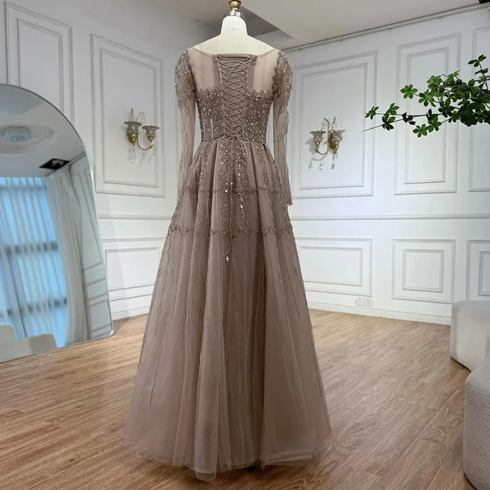 Luxury Caramel A-Line Beaded Evening Dress with Long Sleeves LA73077