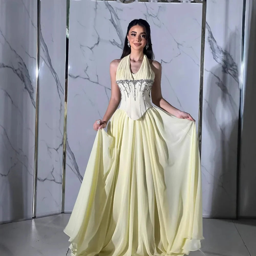 Elegant Classy Yellow Chiffon Halter Beaded Ball Gown LA73074