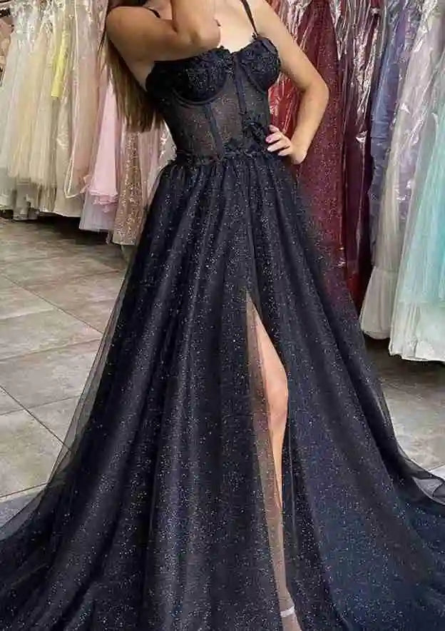 Serene Hill Arabic Black A-Line Sweetheart Spaghetti Straps Tulle Glitter Prom Dress with Appliqué for Women's Party LA72689