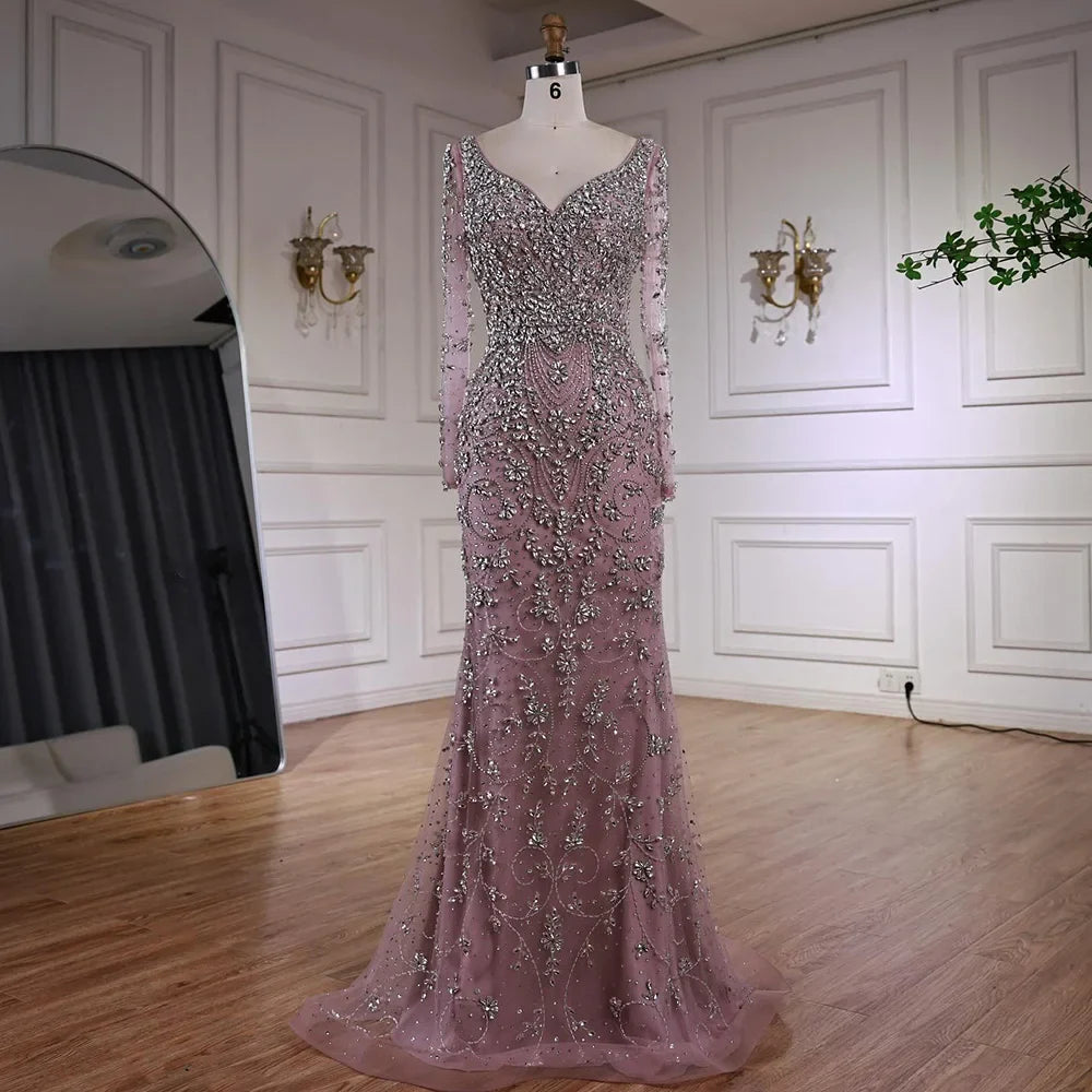 Luxury Nude Beaded Crystal Evening Dress with Long Sleeves LA73042