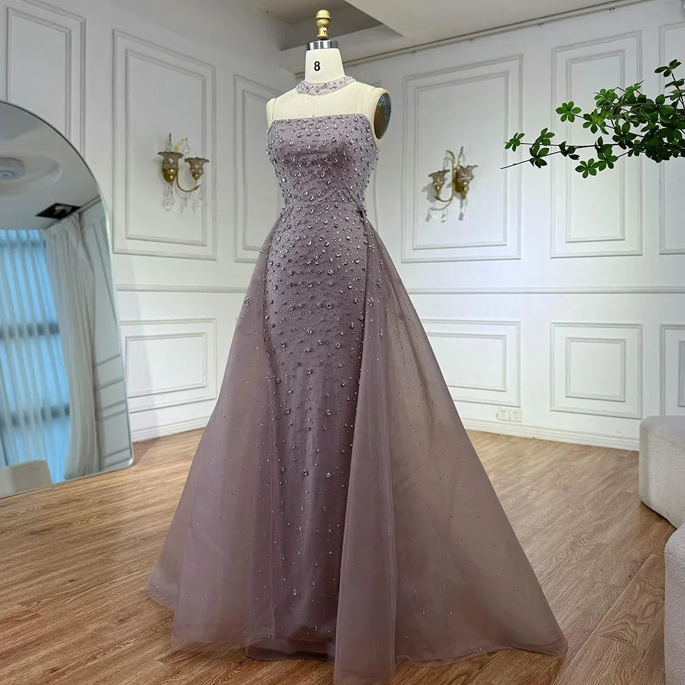 Luxury Arabic Pink Beaded Mermaid Evening Dress with Overskirt LA73084