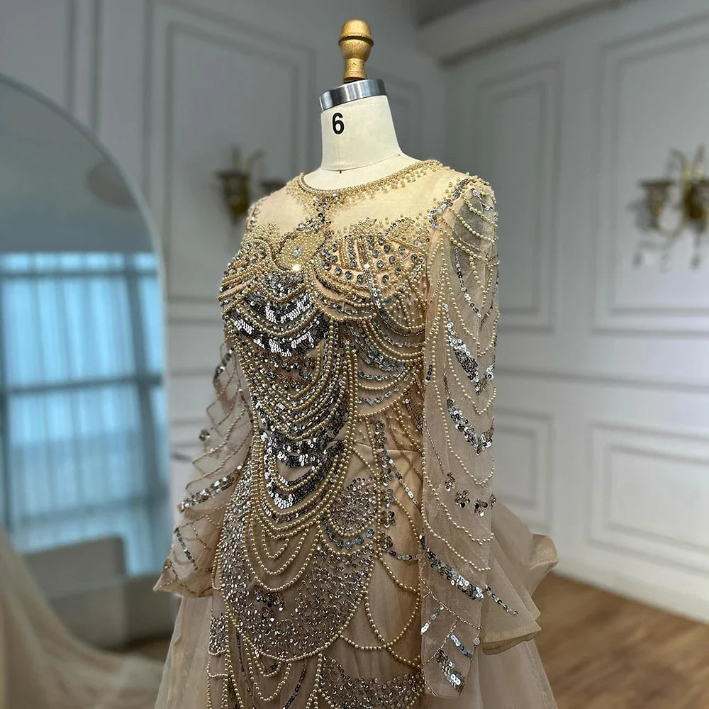 Luxury Arabic Nude Evening Dress Long Sleeve Overskirt LA72971