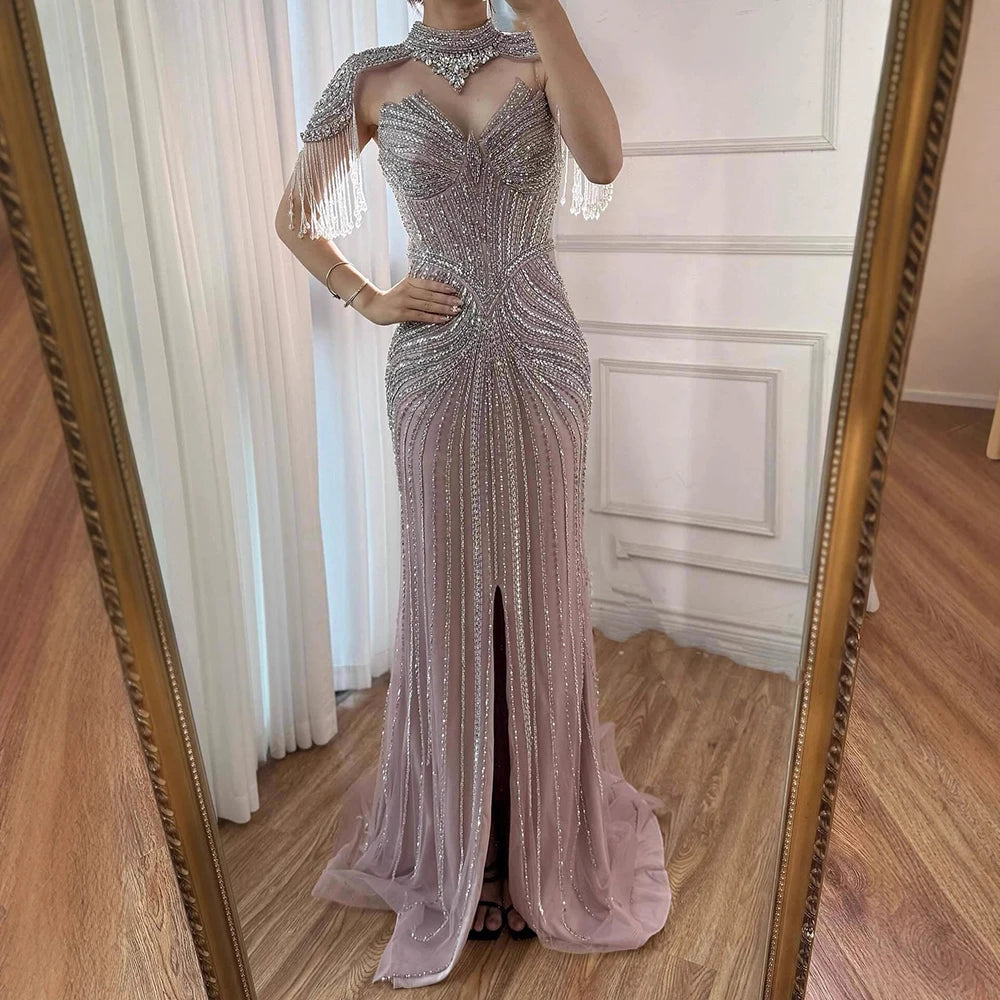 Nude Mermaid Evening Dress with Detachable High Neck Tassel LA72891A