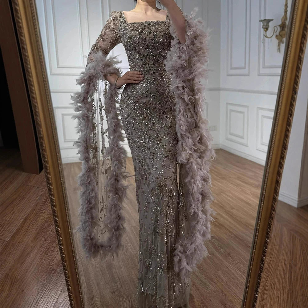 Luxury Dubai Flared Sleeves Mermaid Turquoise Beaded Feather Luxury Evening Dresses Gowns for Formal Occasion LA72767