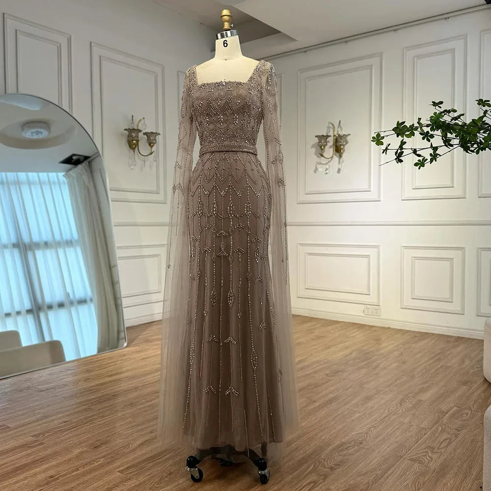 Luxury Arabic Caramel Beaded Evening Dress with Cape Sleeves LA72966A