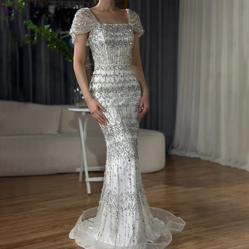 Luxury White Mermaid Beaded Evening Dress with Short Sleeves LA72714
