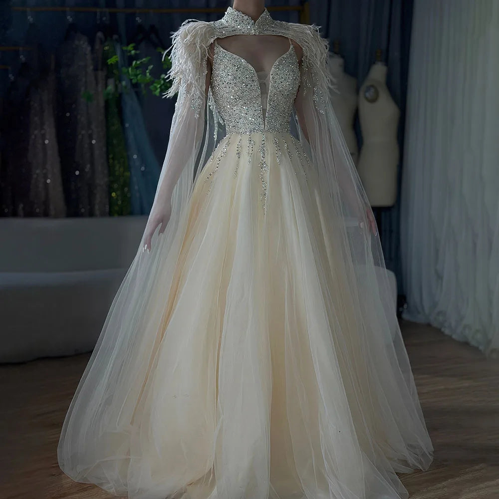 Luxury Dubai Arabic Beige A-Line Feathers Long Cape Luxury Beaded Saudi Evening Dresses Gowns for Formal Occasion LA72722
