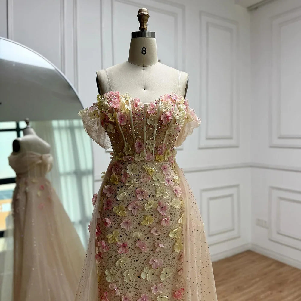Luxury Dubai Nude Floral Beaded Off Shoulder Corset Evening Gown With Overskirt for Formal Occasion LA72861