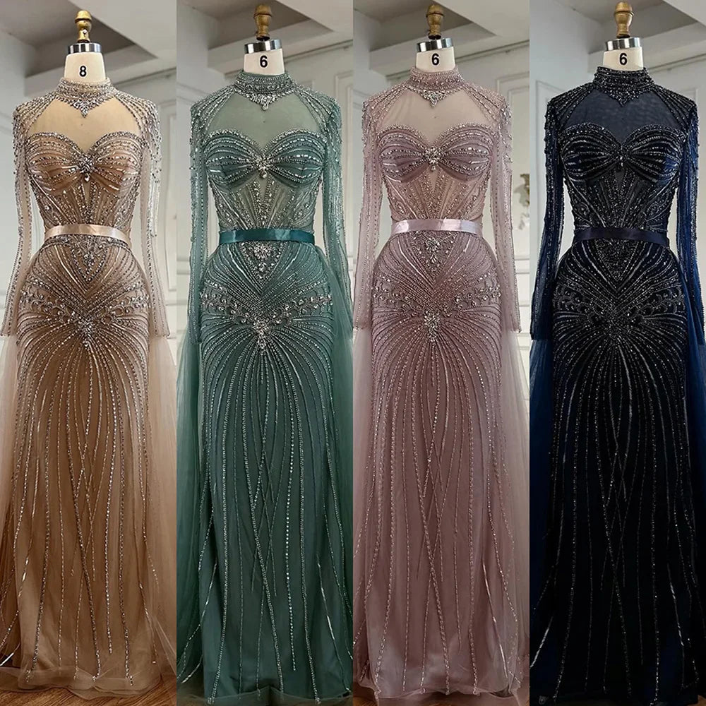 Luxury Nude Modest Beaded Evening Dress Long Sleeves With Overskirt LA72990
