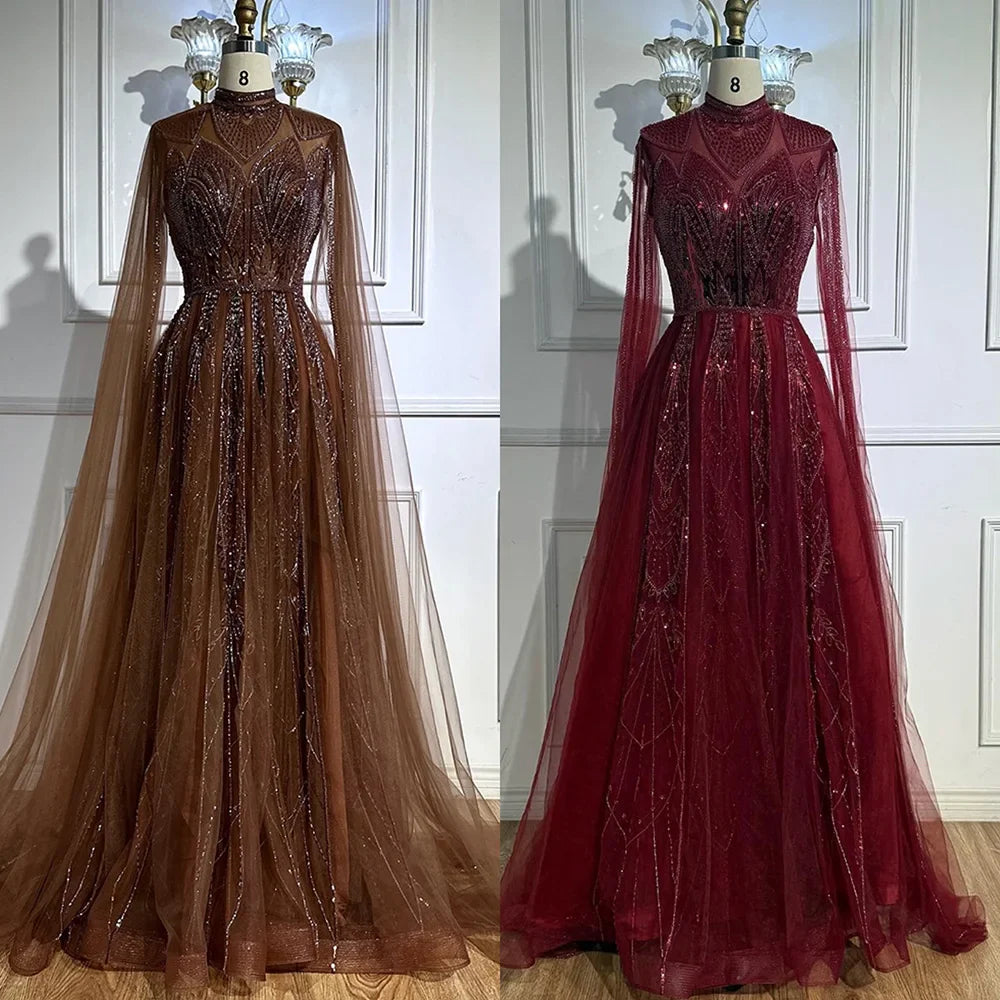 Luxury Brown Beaded Evening Gown with Cape Arabic Style LA72951