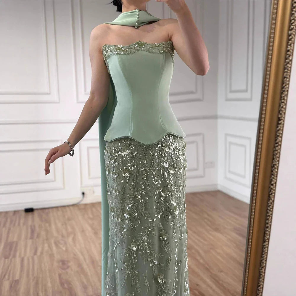 Luxury Sage Green Strapless Beaded Mermaid Evening Dress LA73050C