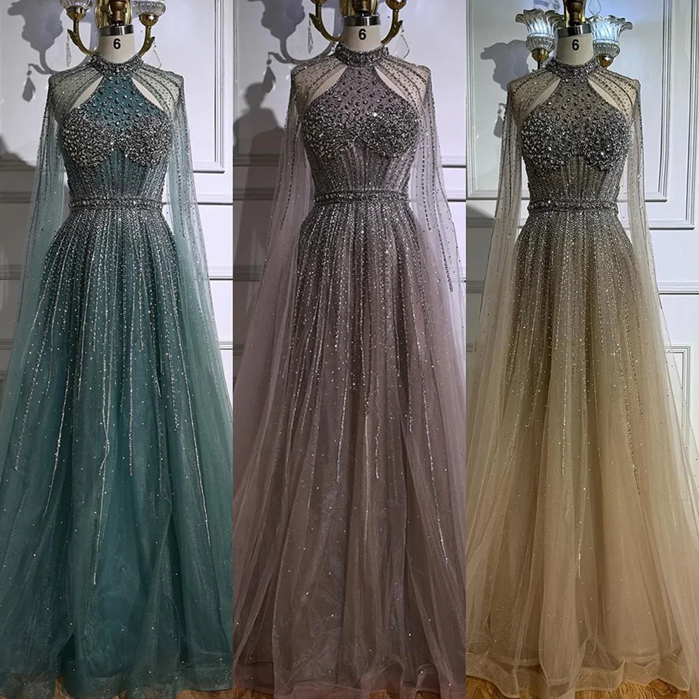 Luxury Beaded A-Line Evening Dress with Cape Sleeves LA73054