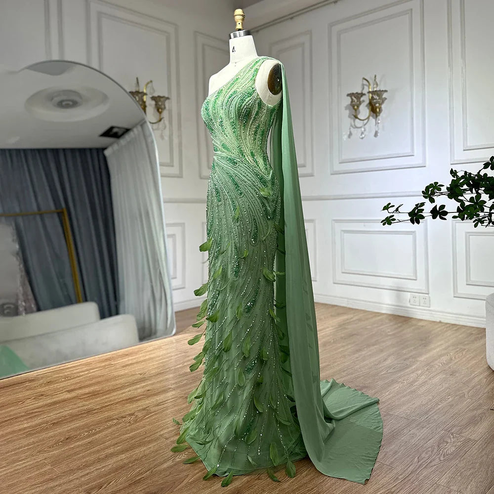 Green One-Shoulder Beaded Feathers Evening Gown with Side Cape Shawl LA72698
