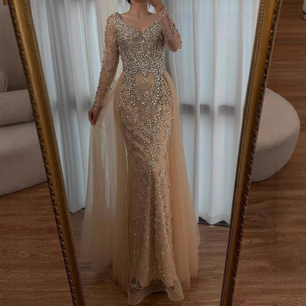 Luxury Nude Beaded Mermaid Evening Dress with Overskirt LA73042A