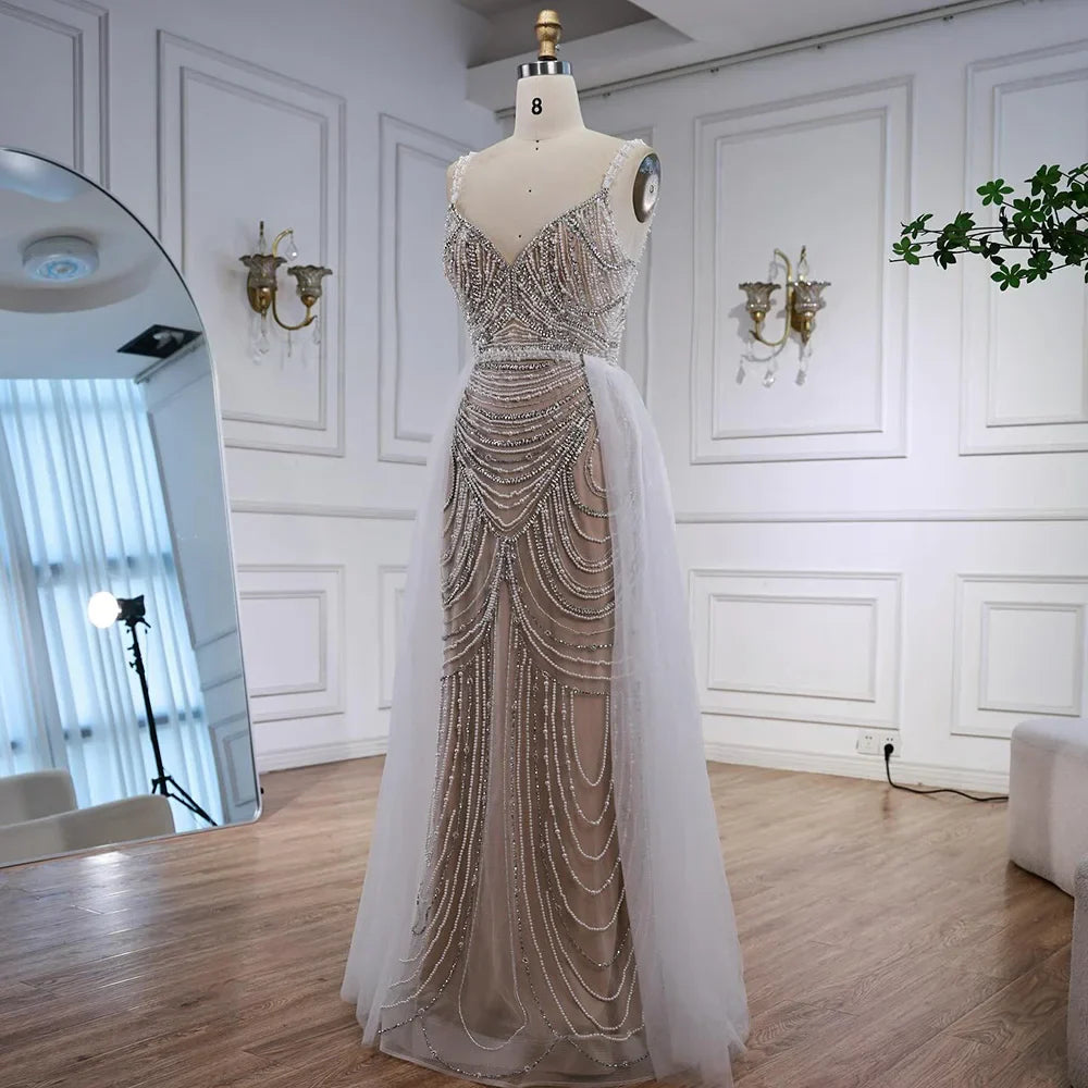 Nude Beaded Arabic Evening Gown with Spaghetti Straps LA72253A