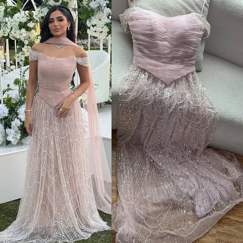 Luxury Arabic Pink Pearls Beaded Evening Dress With Cape LA72922