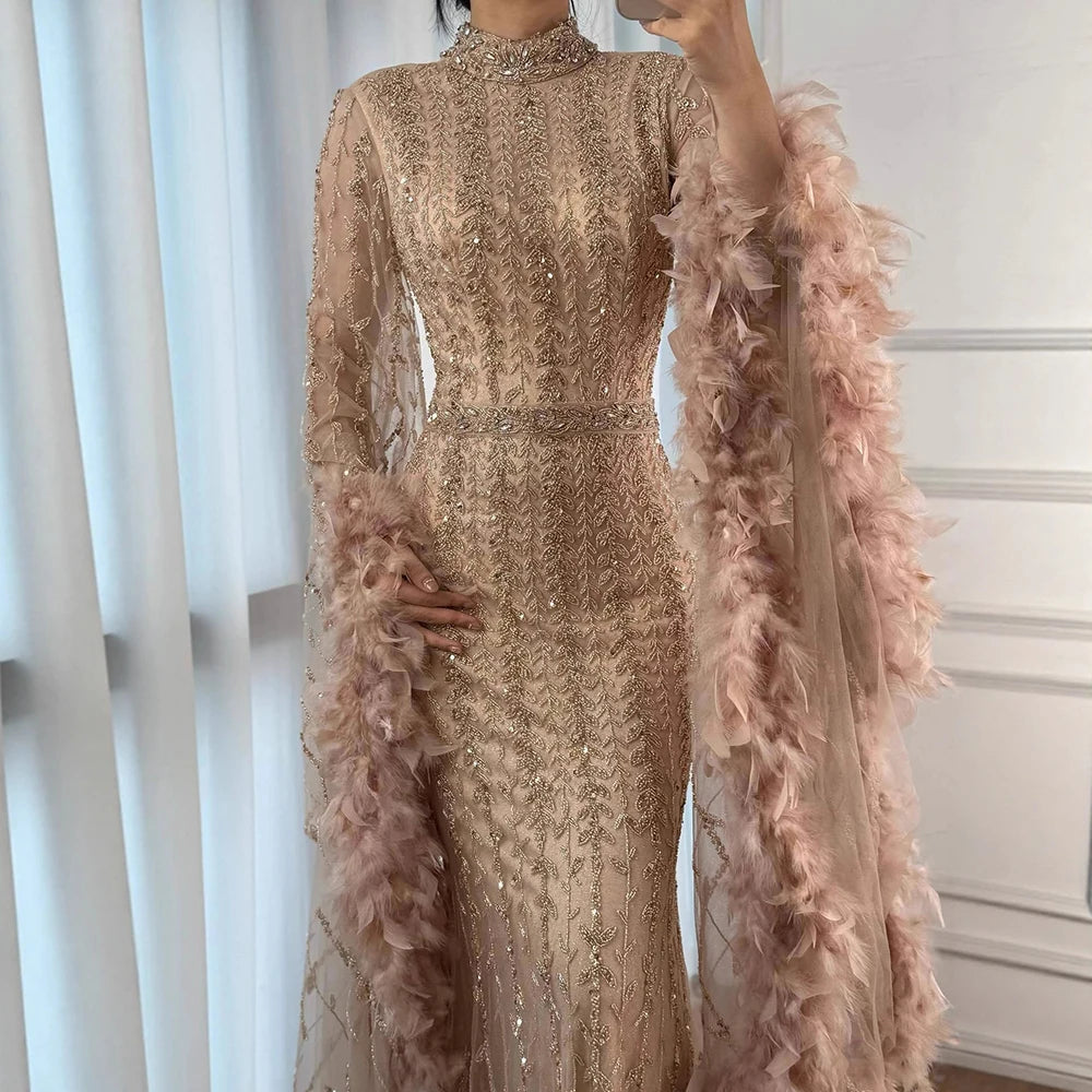 Elegant Rose Gold Evening Dress Featuring Feathered Cape Sleeves LA72947